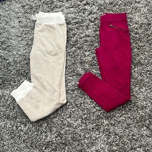 Cream sweatpants and maroon jeans w/zipper pockets
